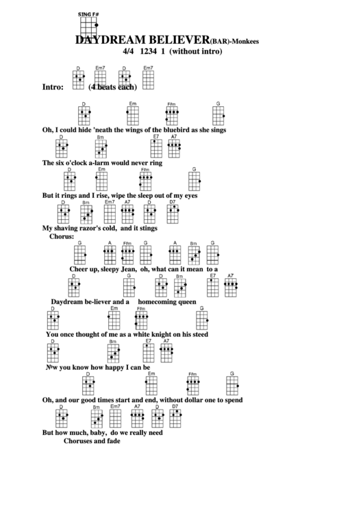 Daydream Believer (Bar) - Monkees Chord Chart Printable pdf