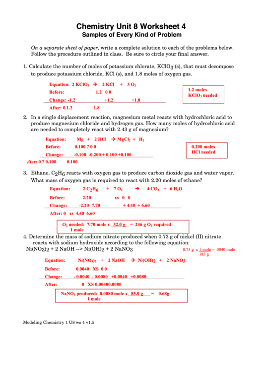 Chemistry Worksheet - Samples Of Every Kind Of Problem Printable pdf