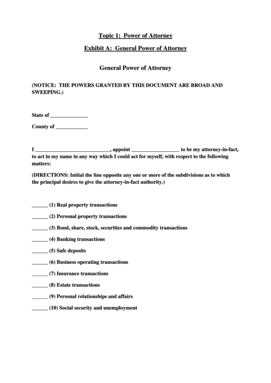 General Power Of Attorney Form Printable pdf