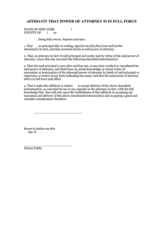 Affidavit That Power Of Attorney Is In Full Force Printable pdf