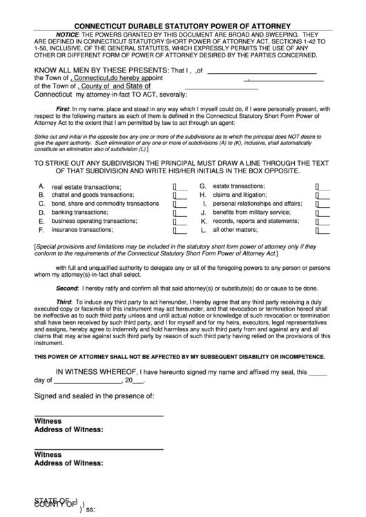 Connecticut Durable Statutory Power Of Attorney Form Printable pdf