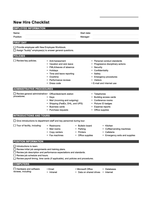 Fillable New Hire Checklist Printable pdf