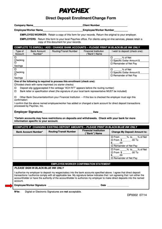 Fillable Direct Deposit Enrollment Change Form Printable pdf