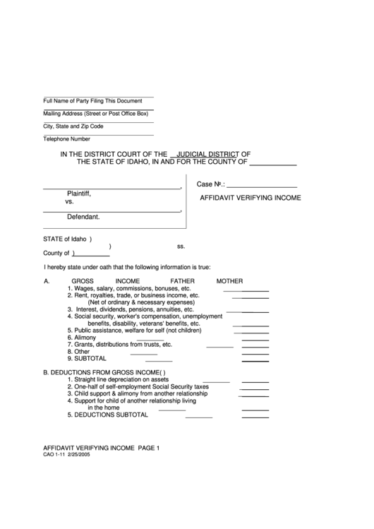 Affidavit Verifying Income Printable pdf