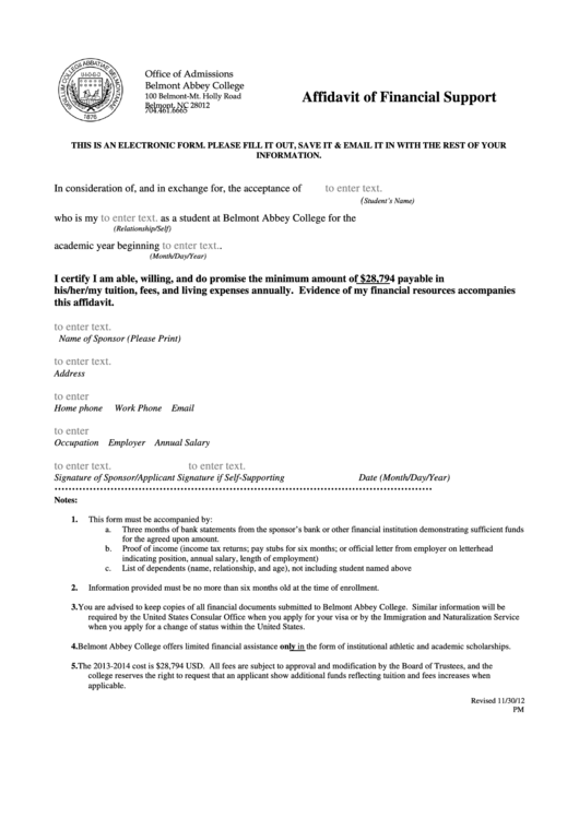 Affidavit Of Financial Support Printable pdf
