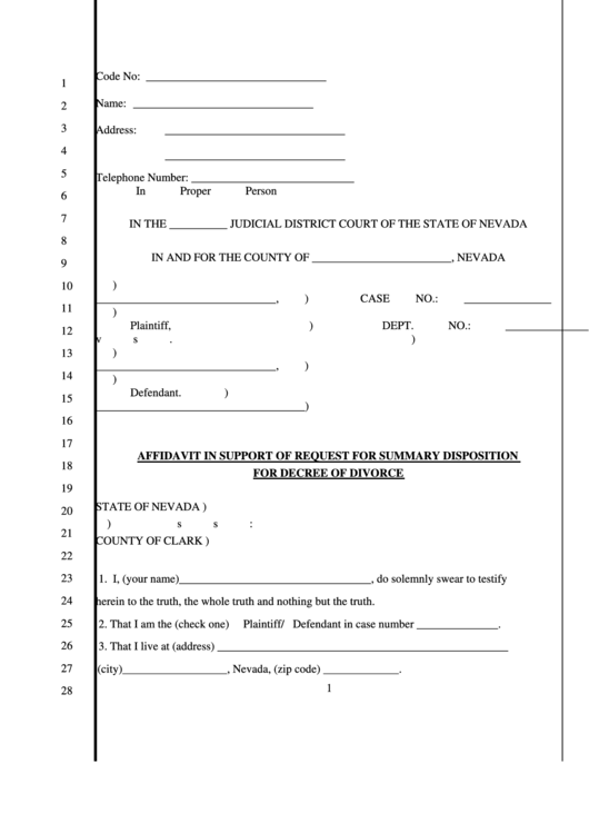 Fillable Affidavit In Support Of Request For Summary Disposition Printable pdf
