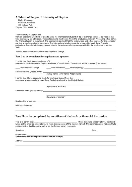 Affidavit Of Support University Of Dayton Printable pdf
