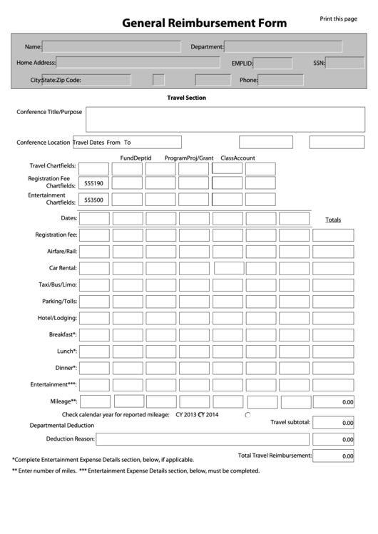 Fillable General Reimbursement Form Printable pdf