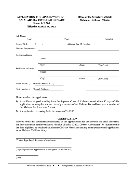Fillable Application For Appointment As An Alabama Notary Printable pdf