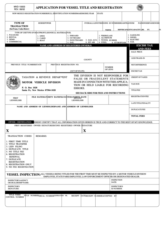 Fillable Application For Vessel Title And Registration Printable pdf