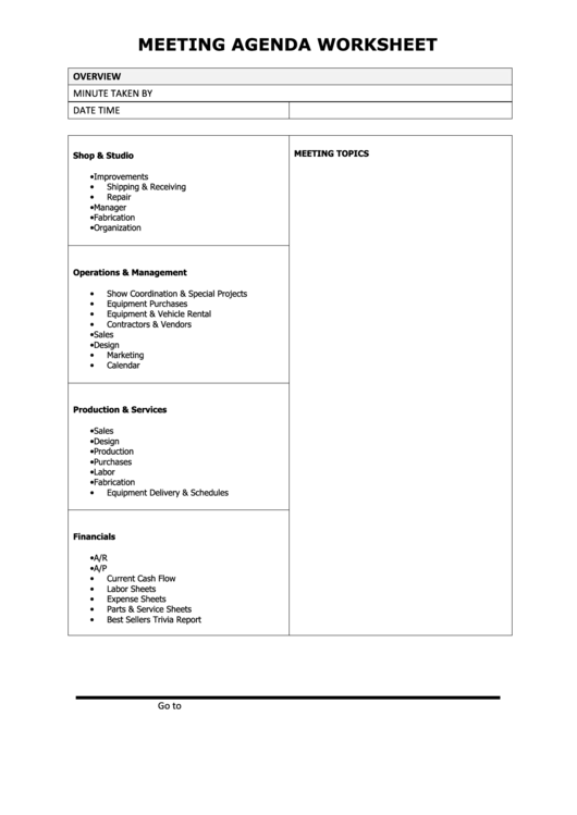Meeting Agenda Worksheet Template Printable pdf
