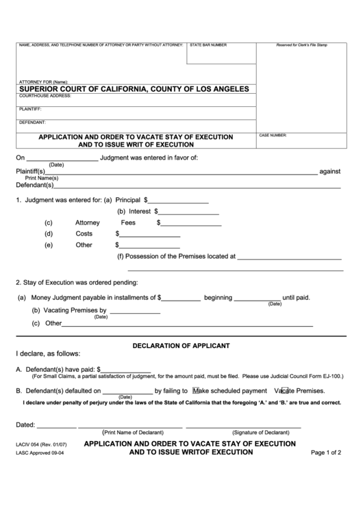 Fillable Application And Order To Vacate Stay Of Execution Printable pdf