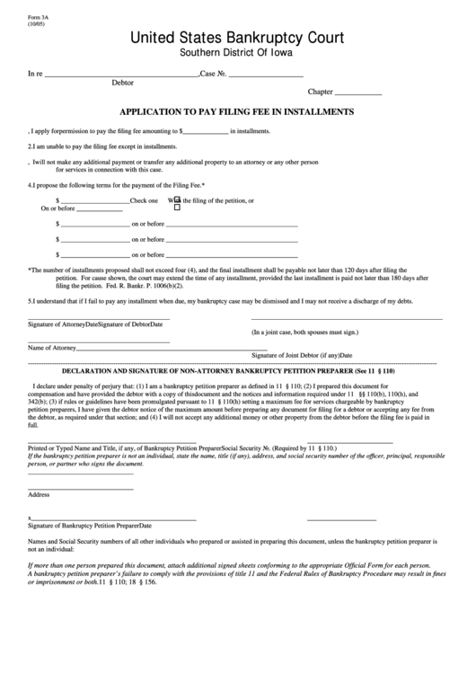 Fillable Application Form To Pay Filing Fee In Installments Printable pdf
