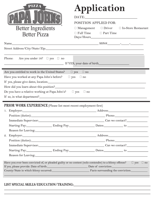 Fillable Papa Johns Job Application Printable pdf