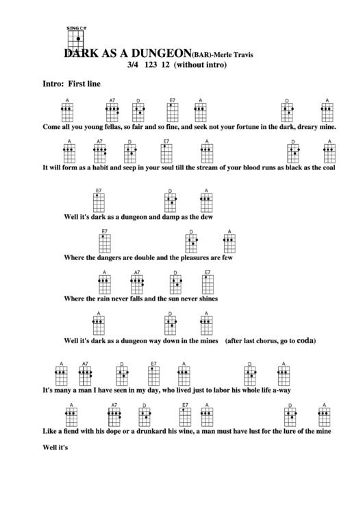 Dark As A Dungeon (Bar) - Merle Travis Chord Chart Printable pdf