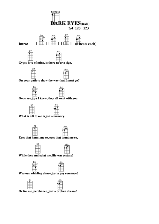 Dark Eyes (Bar) Chord Chart Printable pdf