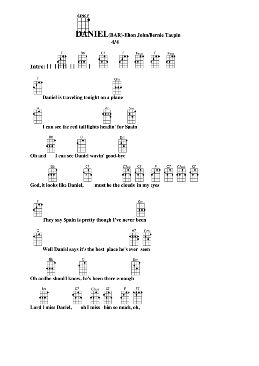Daniel (Bar) - Elton John/bernie Taupin Chord Chart Printable pdf