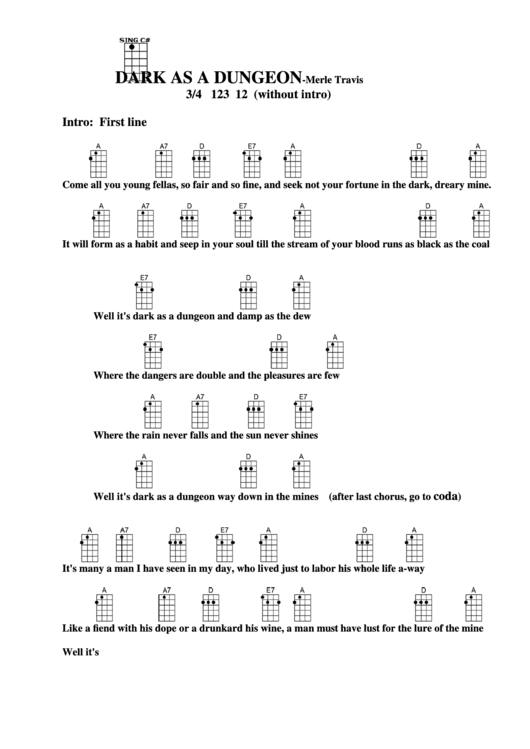 Dark As A Dungeon - Merle Travis Chord Chart Printable pdf