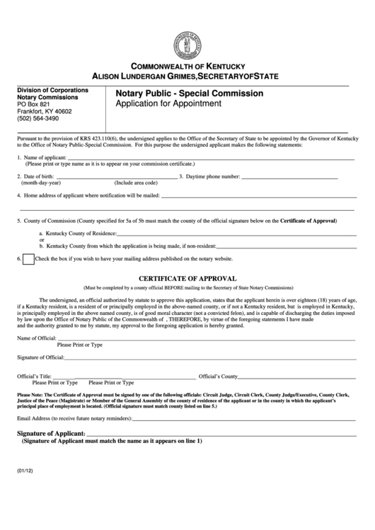 Fillable Application For Appointment - Notary Public - Special Commission Printable pdf