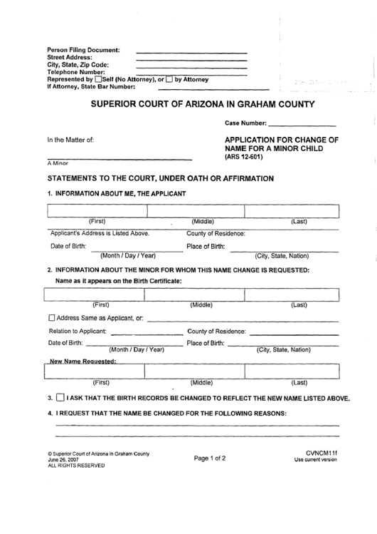 Application For Change Of Name For A Minor Child Printable pdf