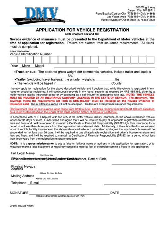 Fillable Form Vp-222 - Application For Vehicle Registration Printable pdf