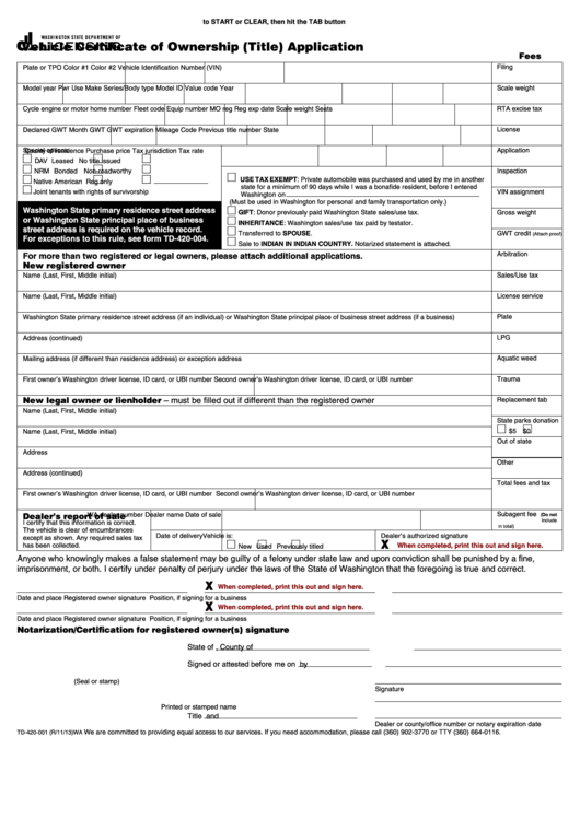 Fillable Form Td-420-001 - Vehicle Certificate Of Ownership (Title) Application Printable pdf