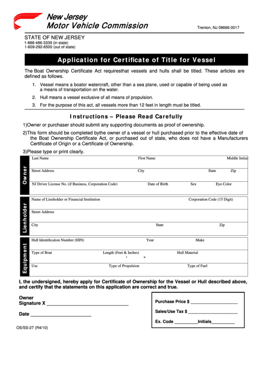 Fillable Form Os/ss-27 - Application For Certificate Of Title For Vessel Printable pdf