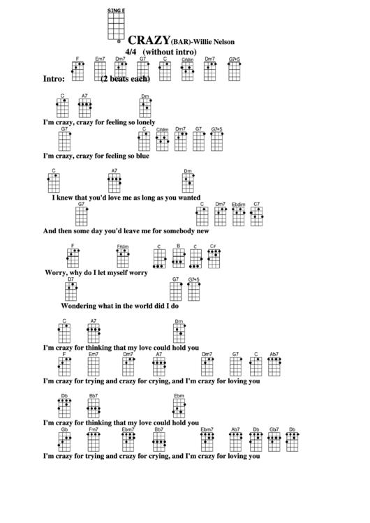 Crazy (Bar) - Willie Nelson Chord Chart Printable pdf