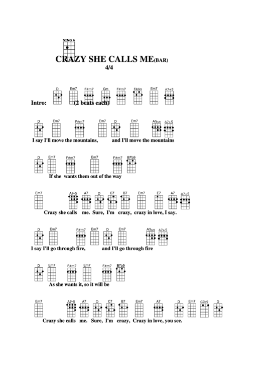 Crazy She Calls Me (Bar) Chord Chart Printable pdf