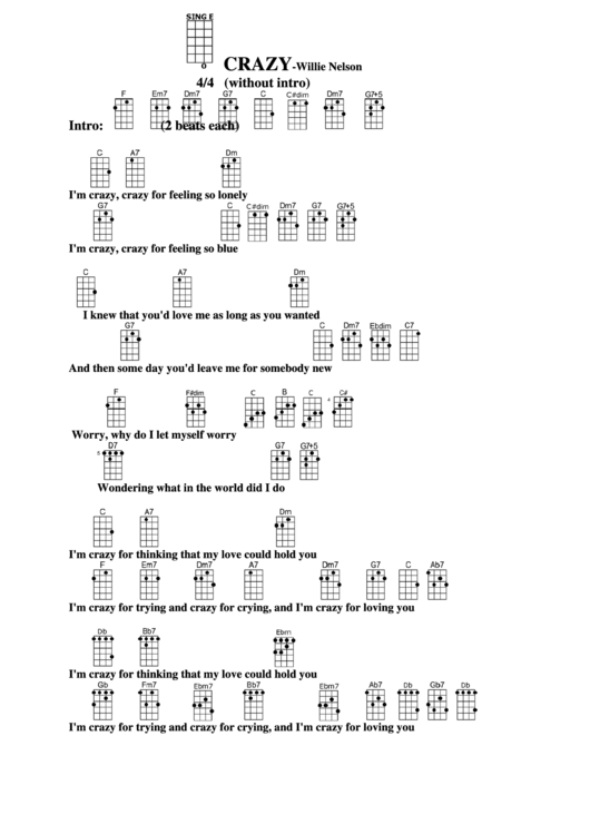 Crazy - Willie Nelson Chord Chart Printable pdf