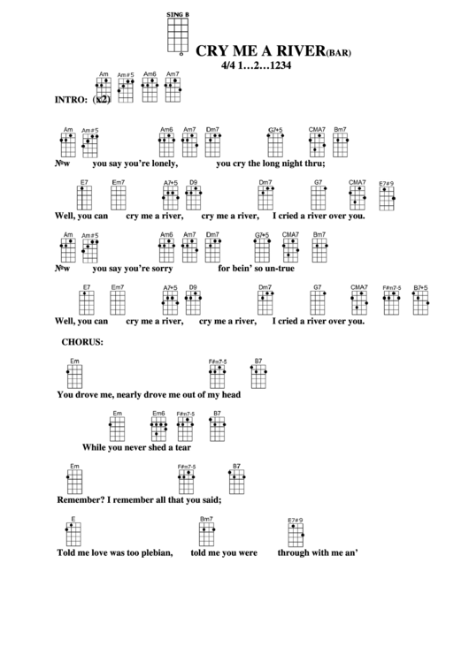 Cry Me A River (Bar) Chord Chart Printable pdf