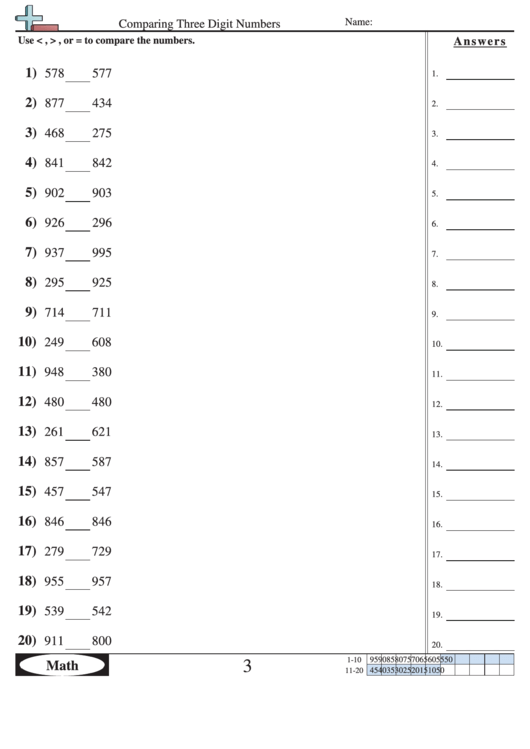 Comparing Three Digit Numbers Worksheet With Answer Key Printable Pdf Download