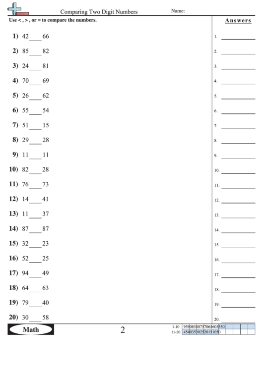 Comparing Two Digit Numbers Worksheet With Answer Key Printable Pdf Download