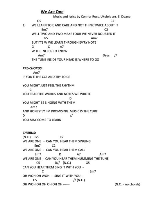 We Are One - Music And Lyrics By Connor Ross, Ukulele Arr. S. Doane Printable pdf