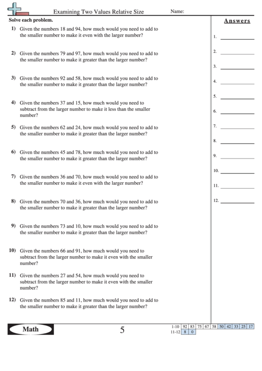 Examining Two Values Relative Size Worksheet With Answer Key Printable pdf