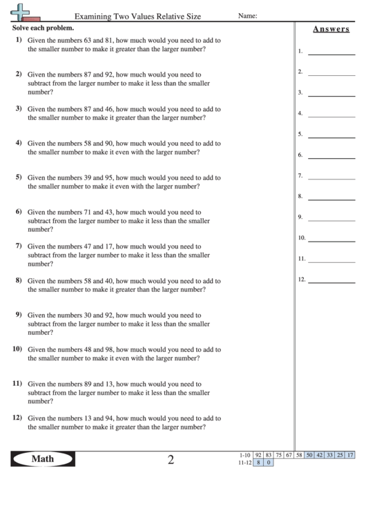 Examining Two Values Relative Size Worksheet With Answer Key Printable pdf