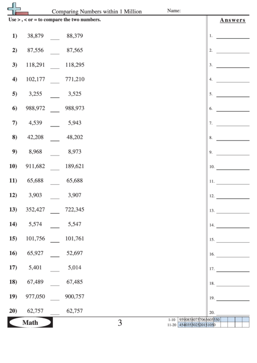 Comparing Numbers Within 1 Million Worksheet With Answer Key Printable pdf