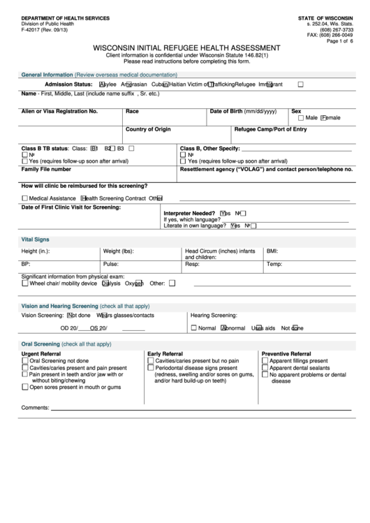 Wisconsin Initial Refugee Health Assessment Printable pdf