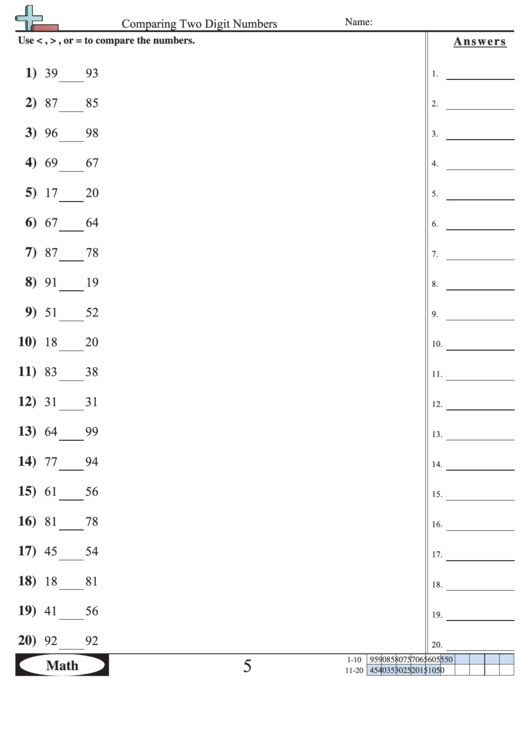 Comparing Two Digit Numbers Worksheet With Answer Key Printable pdf