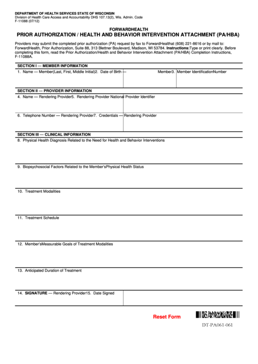 Fillable Prior Authorization/health And Behavior Intervention Attachment Form Printable pdf