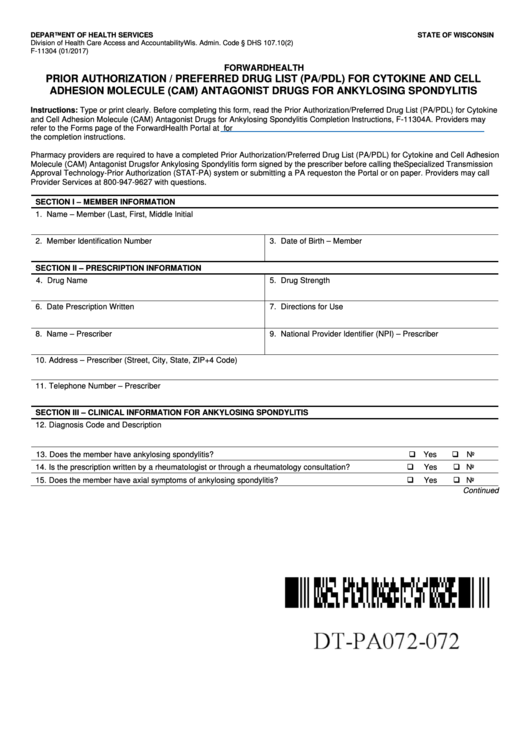 Fillable Form F-11304 - Prior Authorization/preferred Drug List (Pa/pdl) For Cytokine Printable pdf