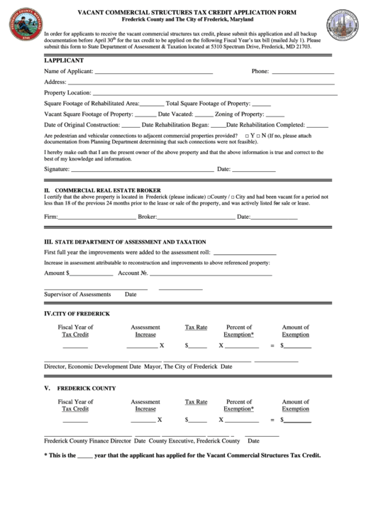 Vacant Commercial Structures Tax Credit Application Form Printable pdf