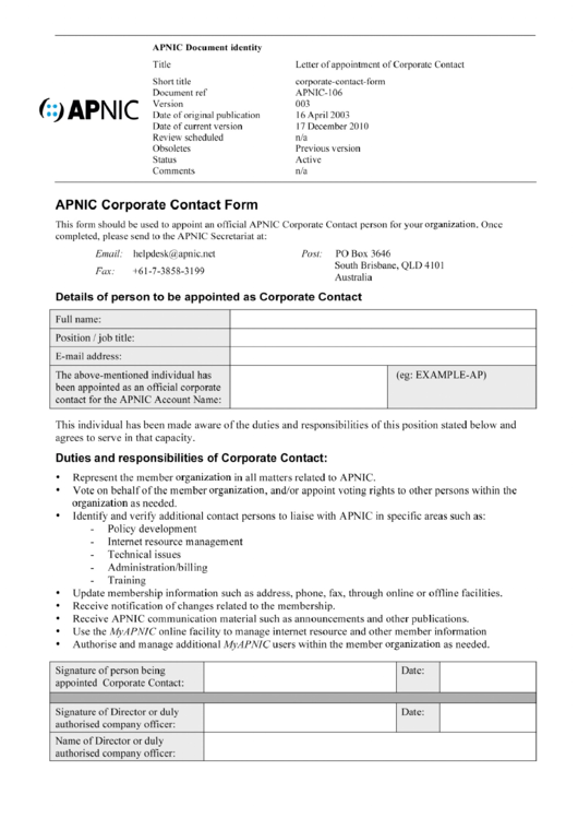 Corporate Contact Form Printable pdf