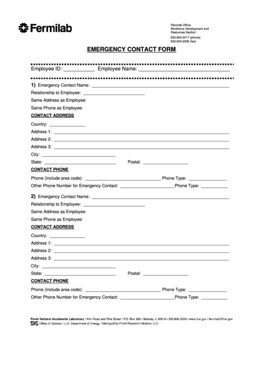 Fillable Emergency Contact Form printable pdf download