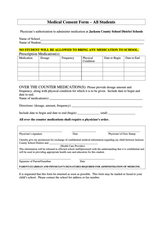 Medical Consent Form - All Students Printable pdf