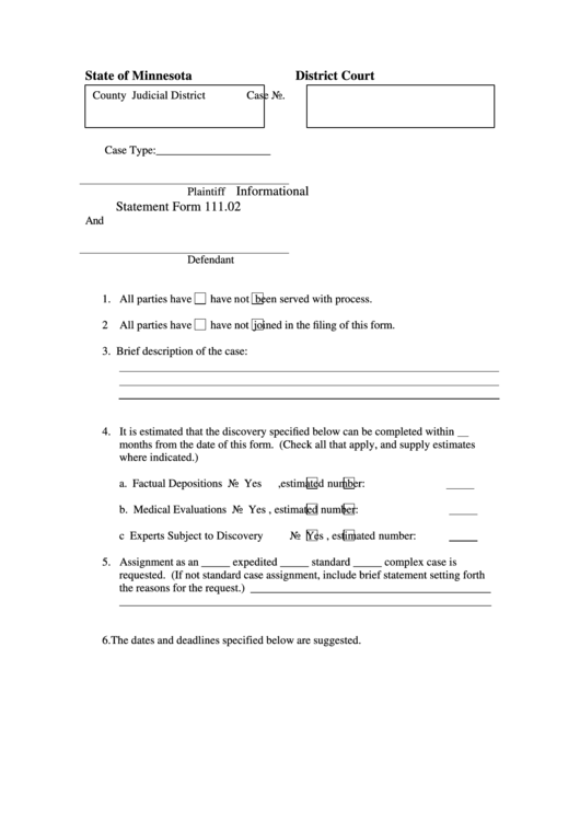 Fillable State Of Minnesota District Court - Informational Statement Form 111.02 Printable pdf