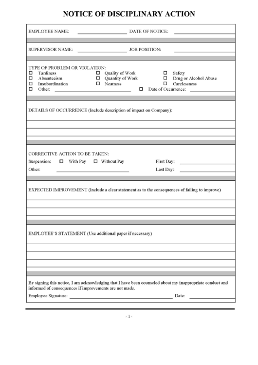 Disciplinary Action Form printable pdf download