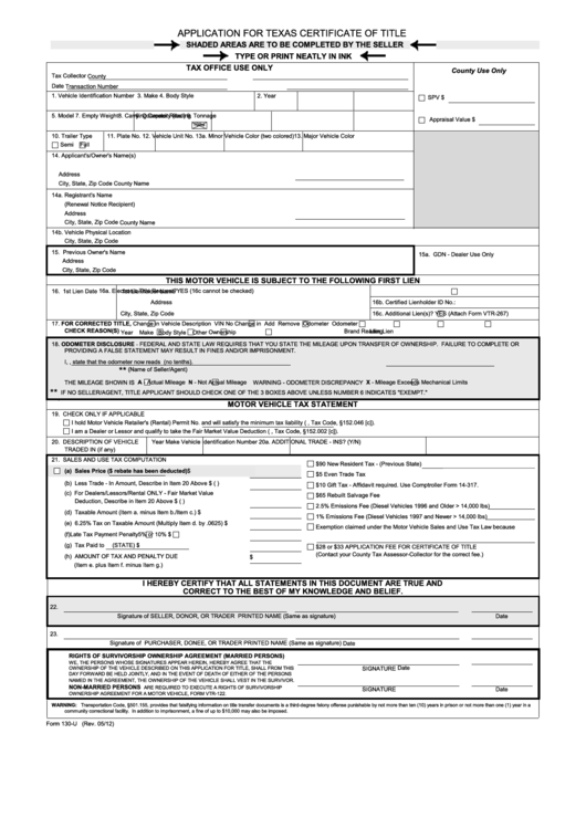 Form 130-u - Application For Texas Certificate Of Title