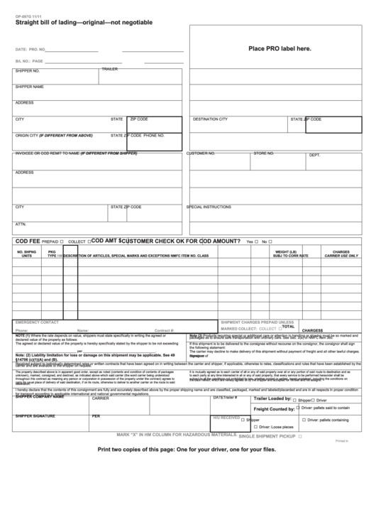 Form Op-097g - Straight Bill Of Lading - Original - Not Negotiable - 2011