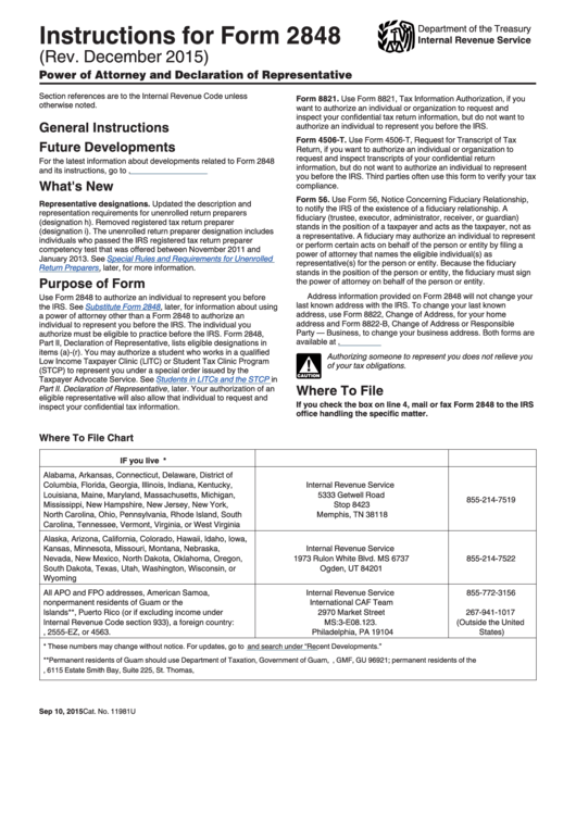 Instructions For Form 2848 (Rev. 2015) Printable pdf